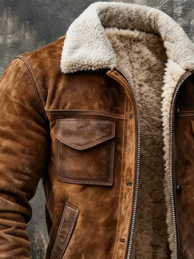 Sherpa-Lined Faux Suede Bomber Jacket for Men