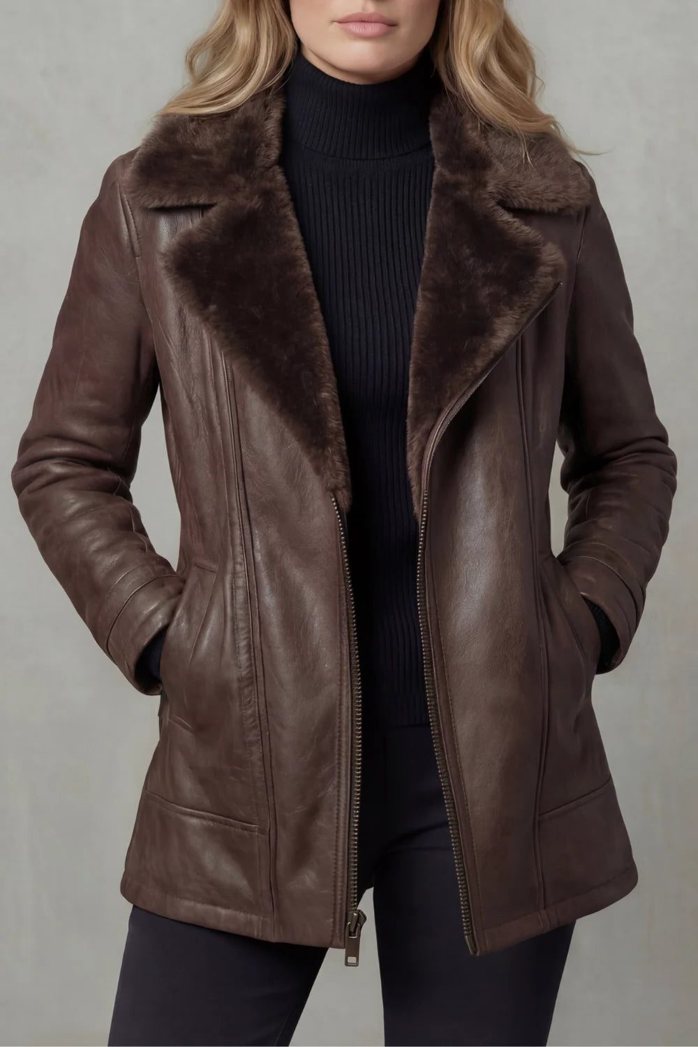 Sibylla | Leather Jacket with Faux Fur Collar for Women