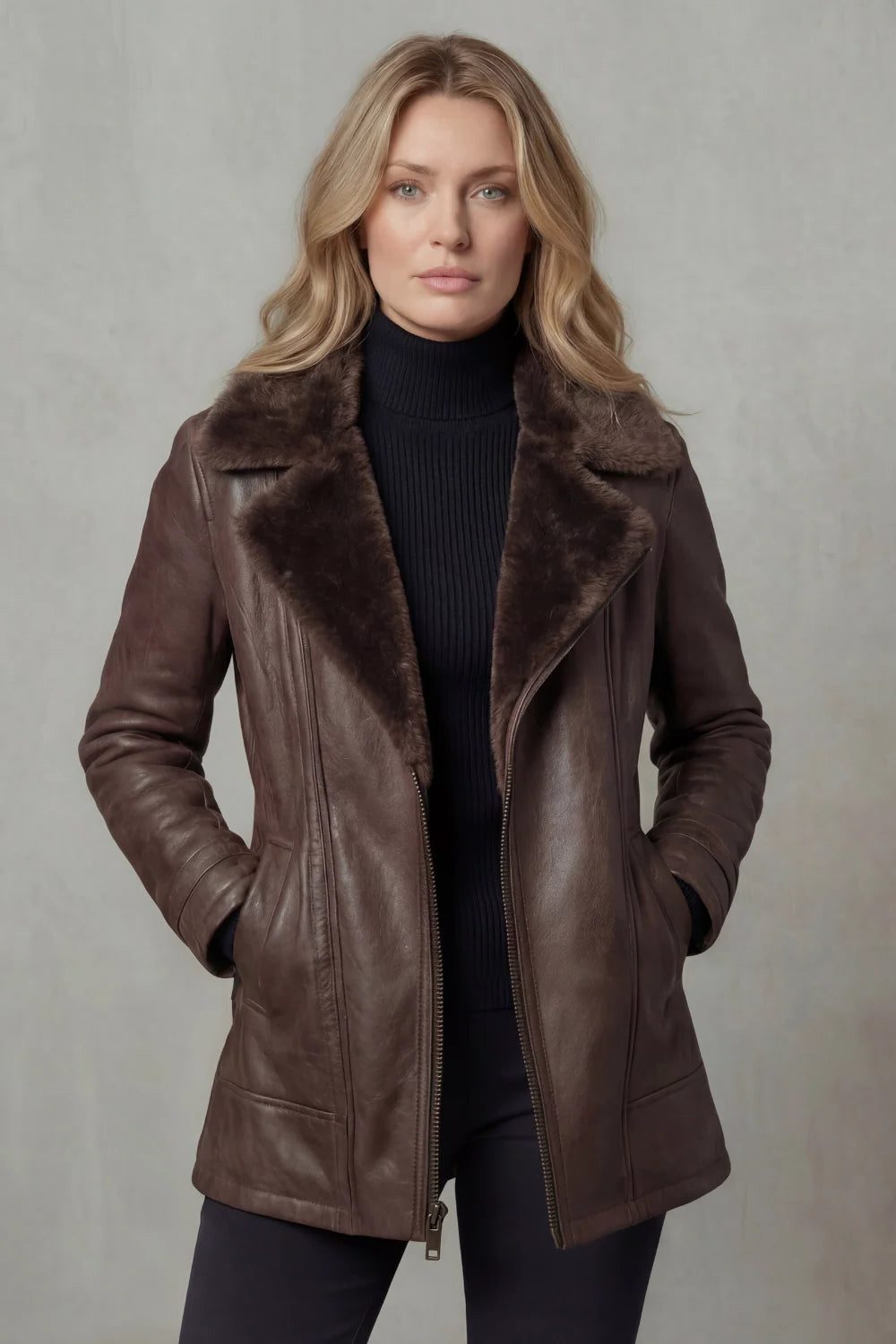 Sibylla | Leather Jacket with Faux Fur Collar for Women