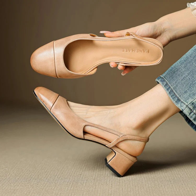 Slingback pumps genuine leather almond toe block heel