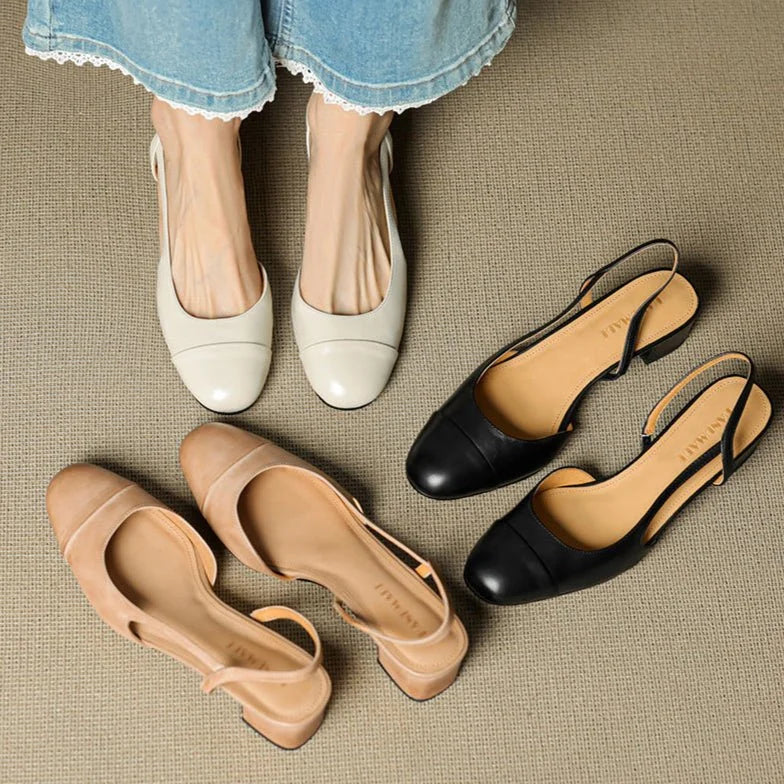 Slingback pumps genuine leather almond toe block heel