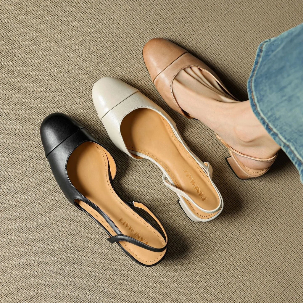 Slingback pumps genuine leather almond toe block heel