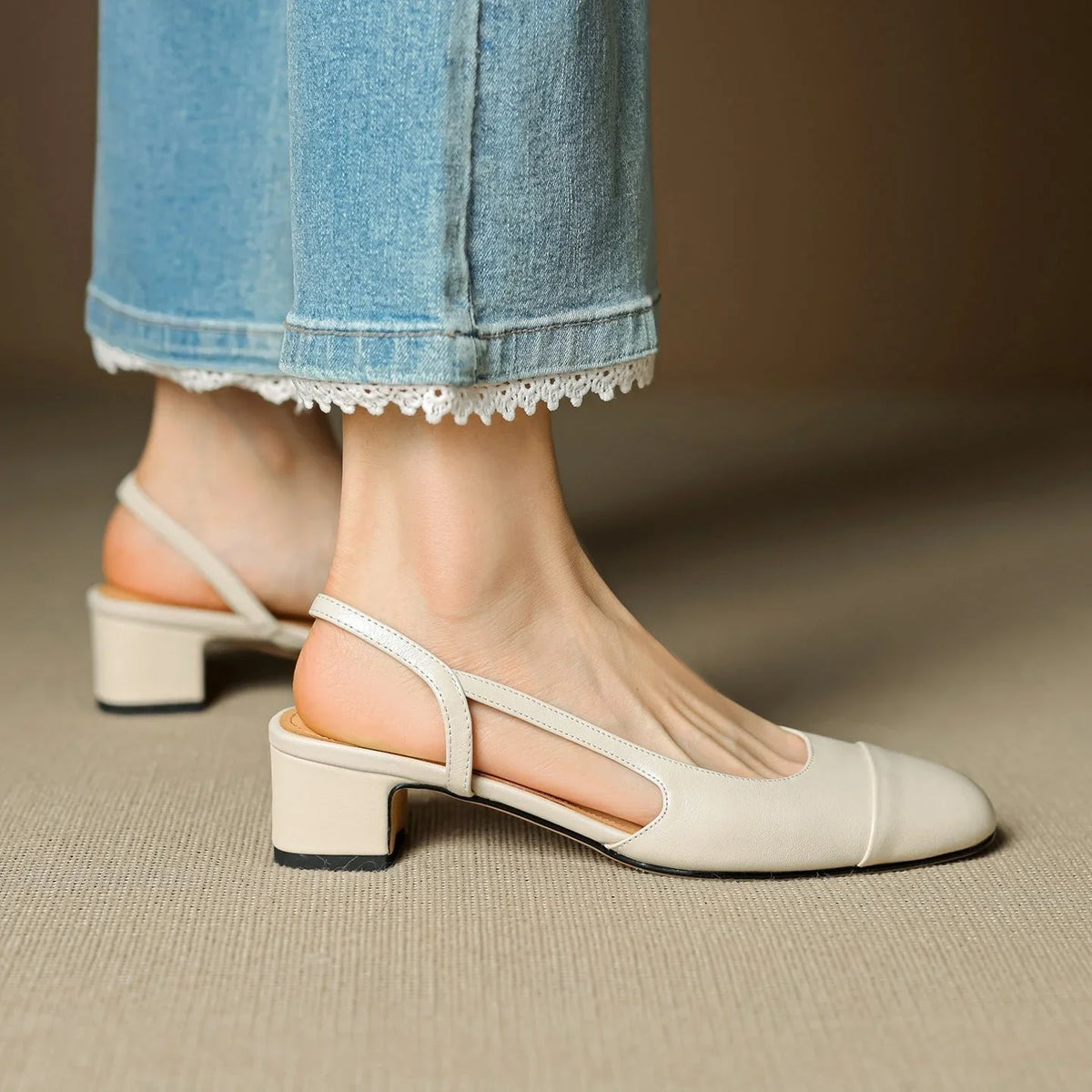 Slingback pumps genuine leather almond toe block heel