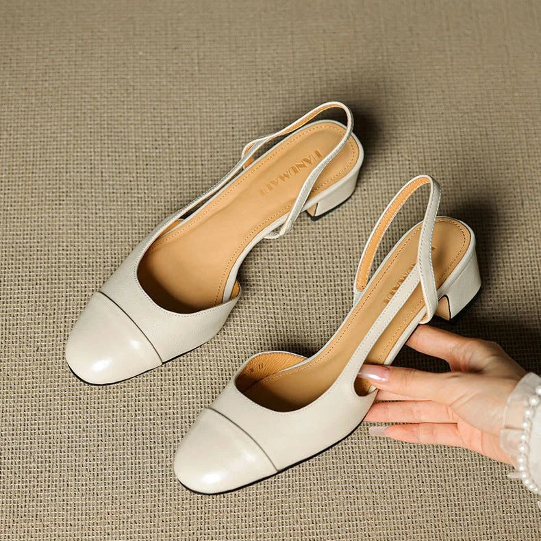 Slingback pumps genuine leather almond toe block heel