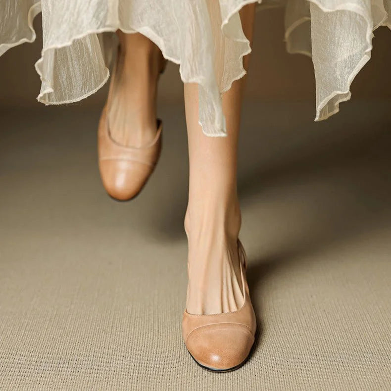 Slingback pumps genuine leather almond toe block heel