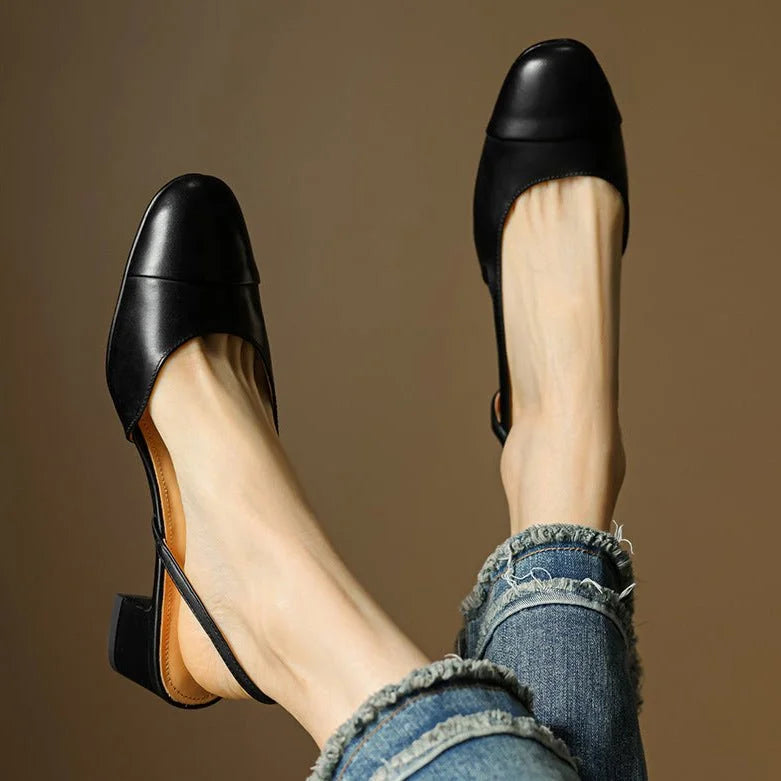 Slingback pumps genuine leather almond toe block heel