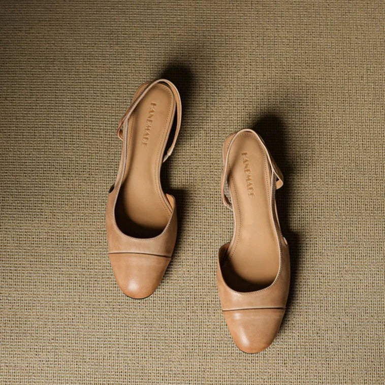 Slingback pumps genuine leather almond toe block heel