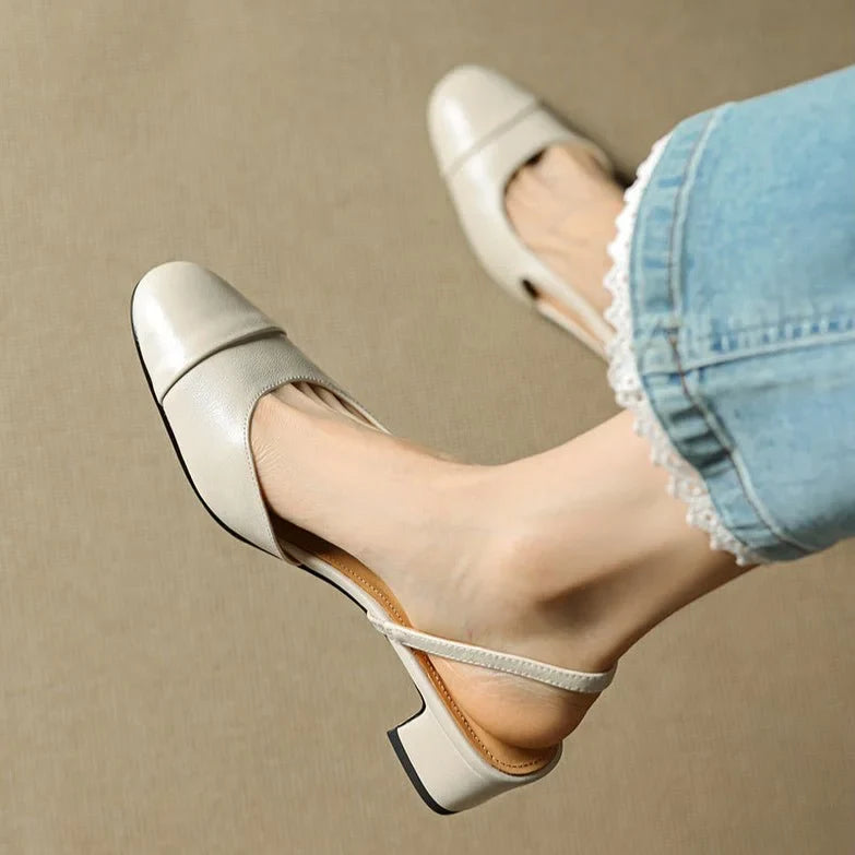 Slingback pumps genuine leather almond toe block heel