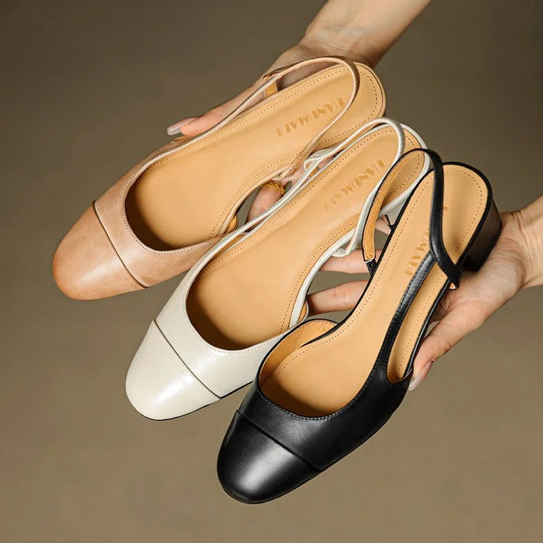 Slingback pumps genuine leather almond toe block heel