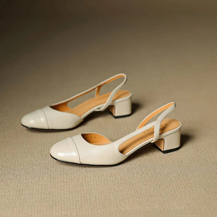 Slingback pumps genuine leather almond toe block heel