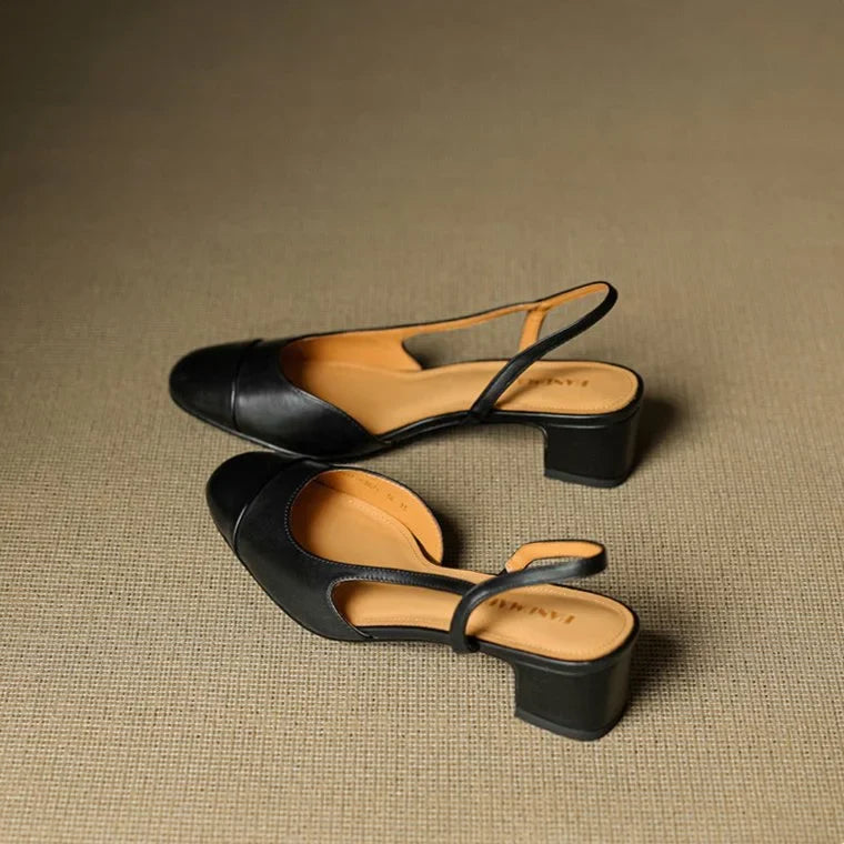 Slingback pumps genuine leather almond toe block heel