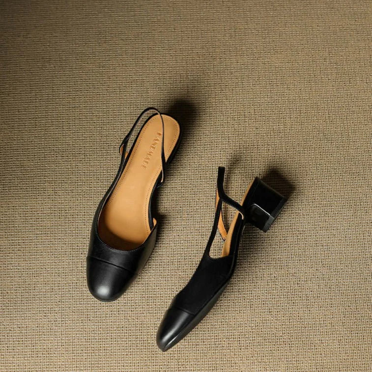 Slingback pumps genuine leather almond toe block heel