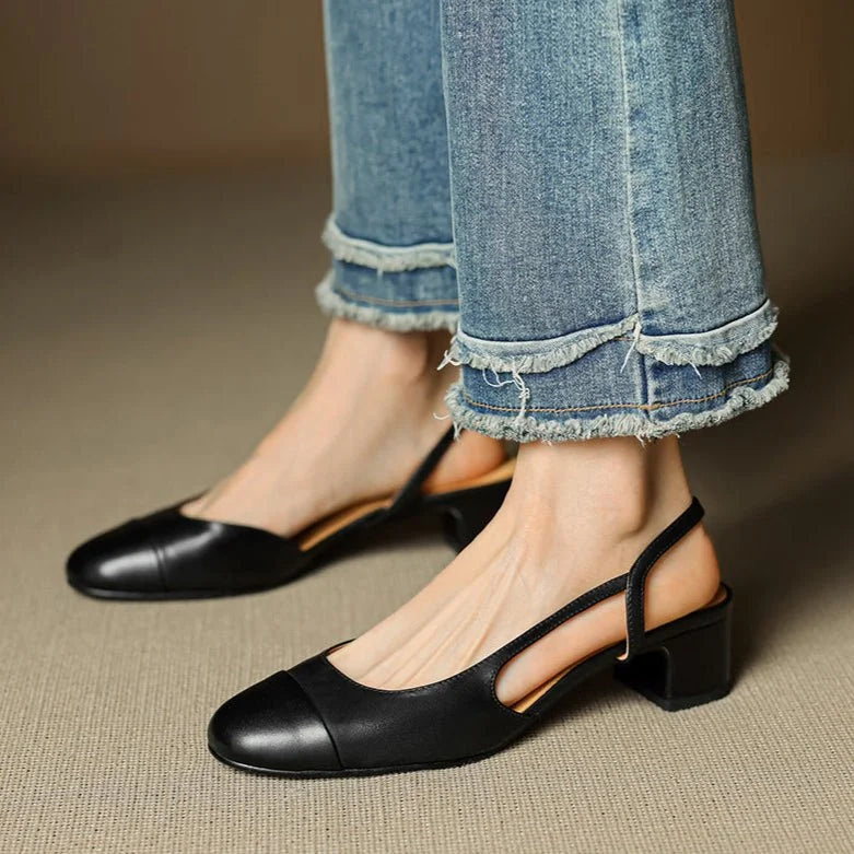 Slingback pumps genuine leather almond toe block heel