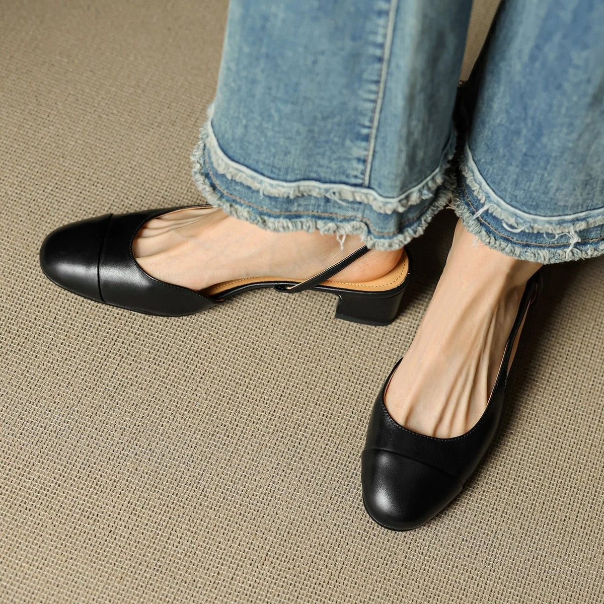 Slingback pumps genuine leather almond toe block heel