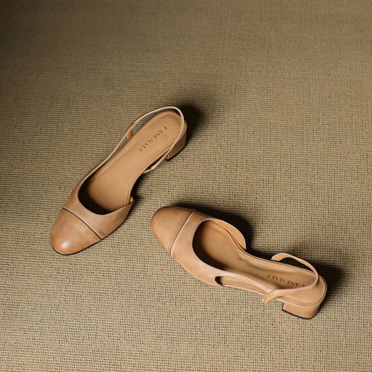 Slingback pumps genuine leather almond toe block heel