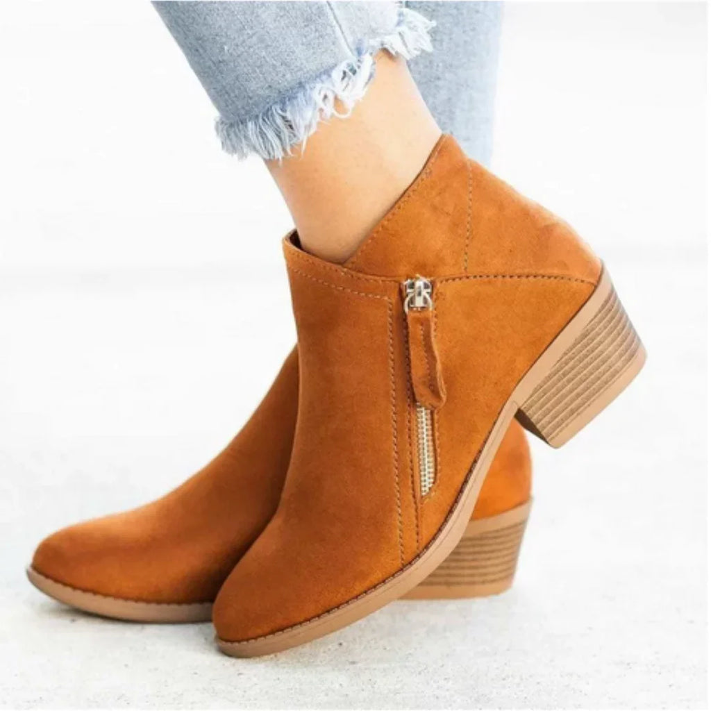 Women's suede side zip ankle boots with decorative stitching