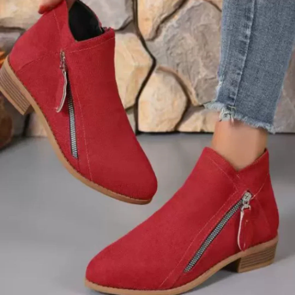 Women's suede side zip ankle boots with decorative stitching