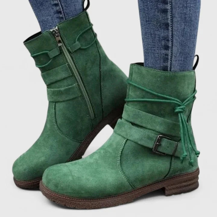 Women's suede side zip ankle boots with buckle strap