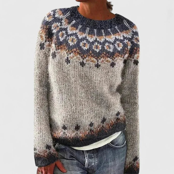 Women's knit crew neck fair isle sweater with pattern yoke