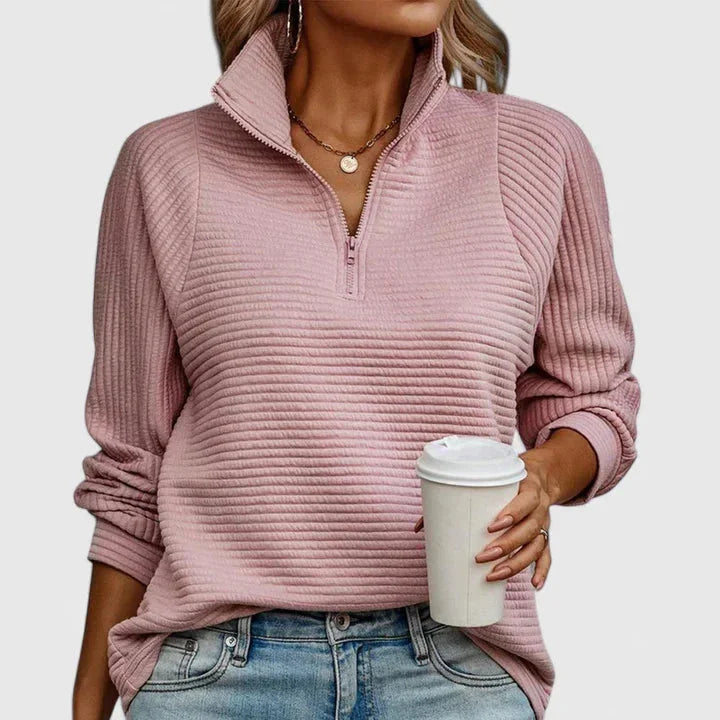 Women's ribbed stand collar half zip sweater with horizontal texture