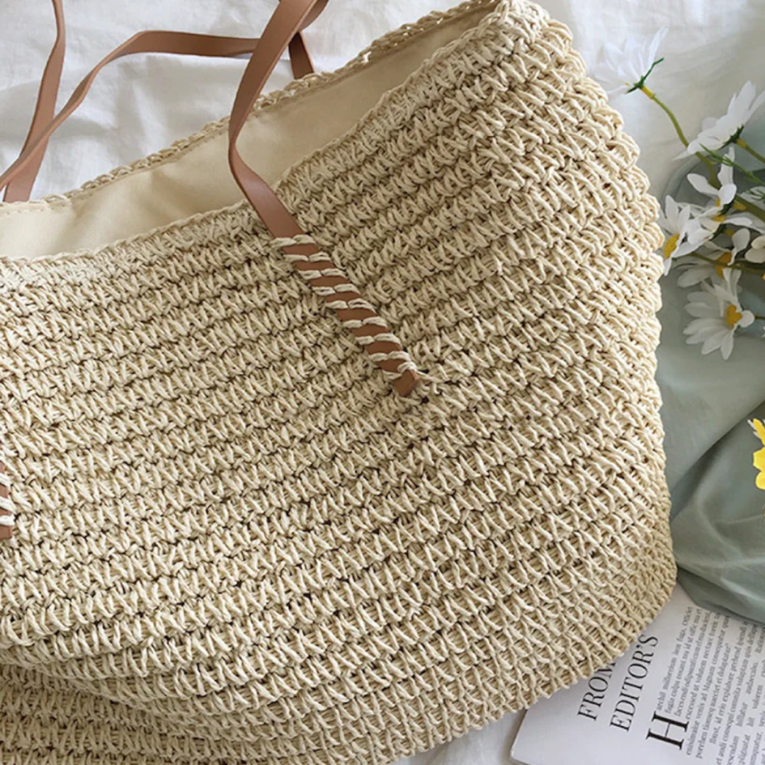 Women's Woven Straw Shoulder Bag with Top Handle