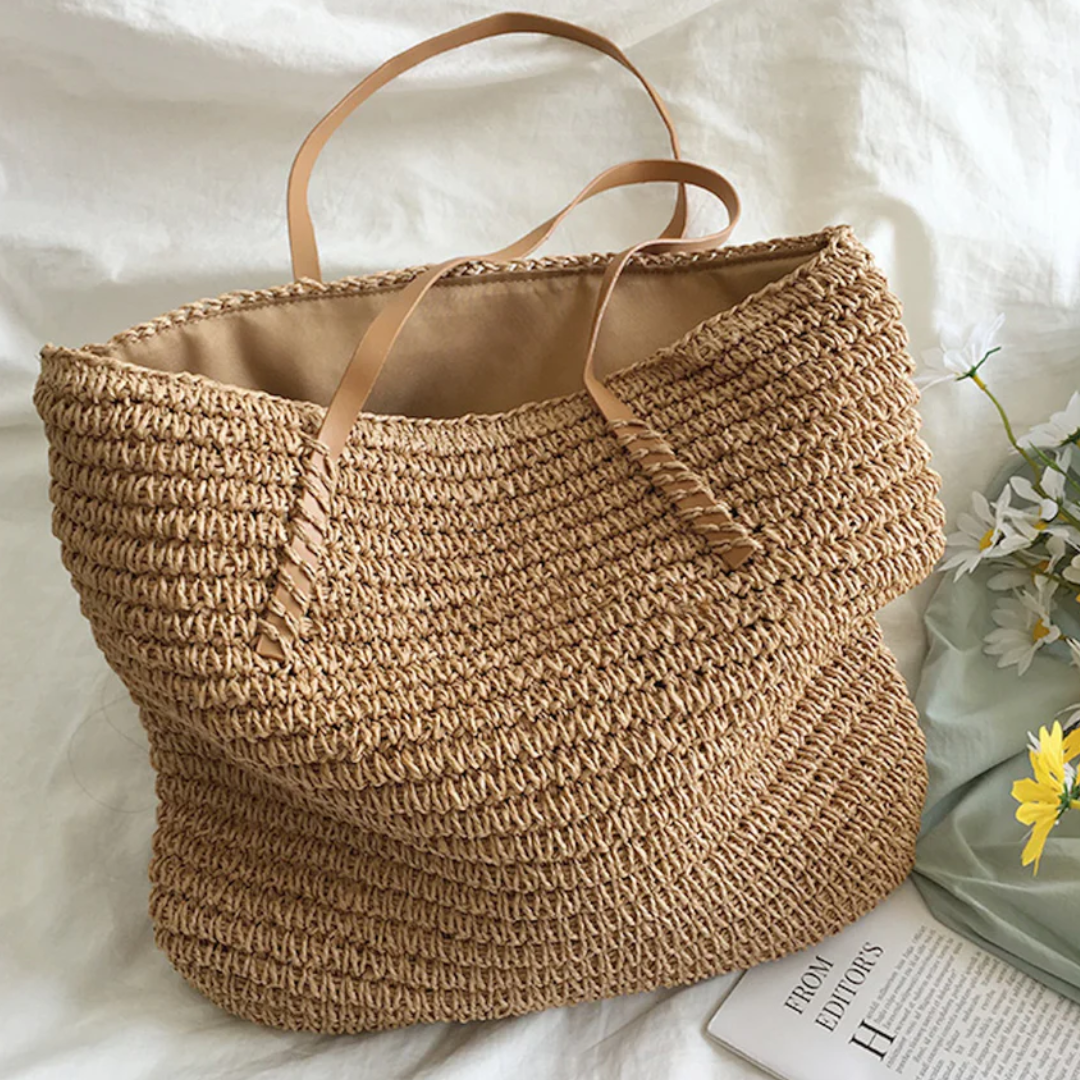 Women's Woven Straw Shoulder Bag with Top Handle