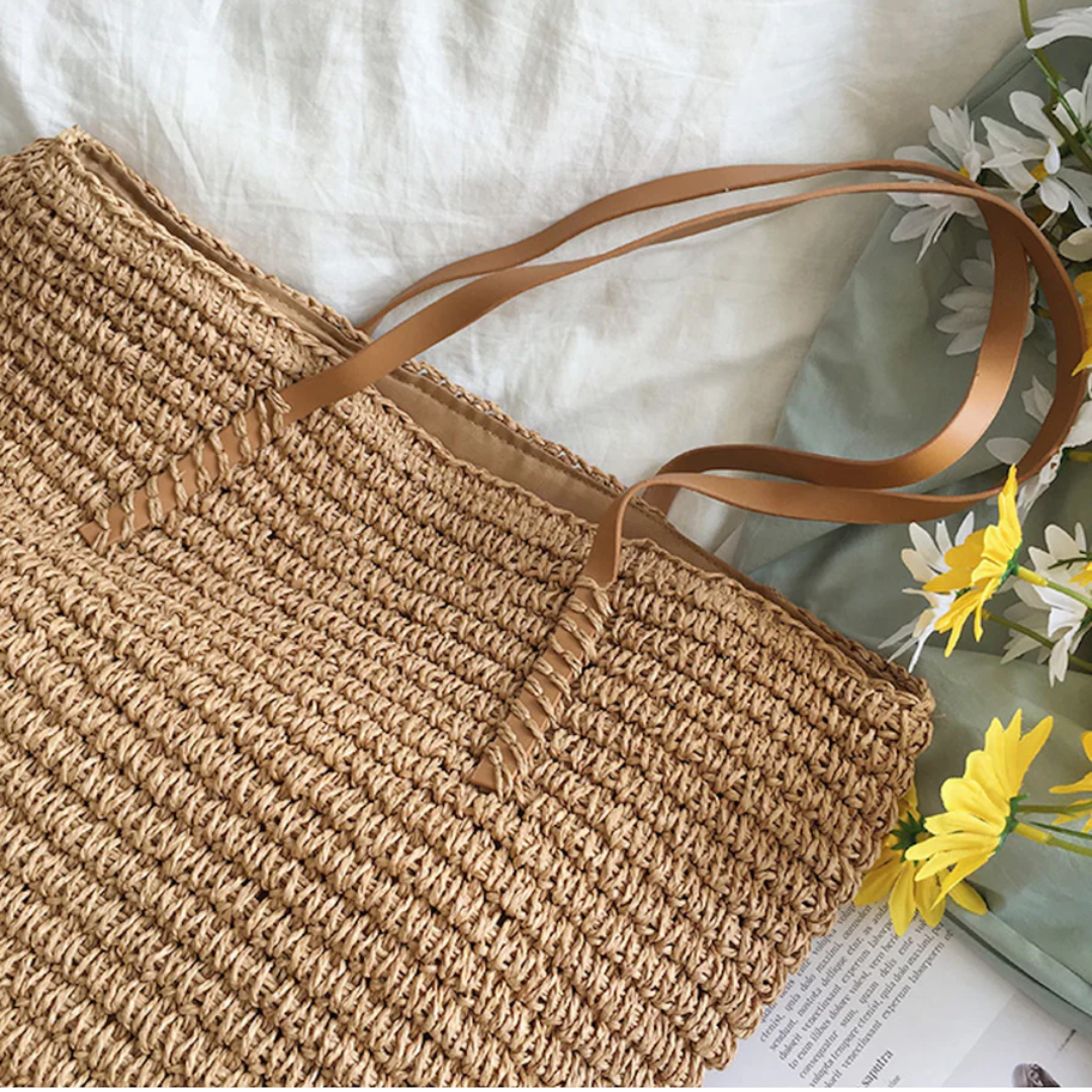 Women's Woven Straw Shoulder Bag with Top Handle