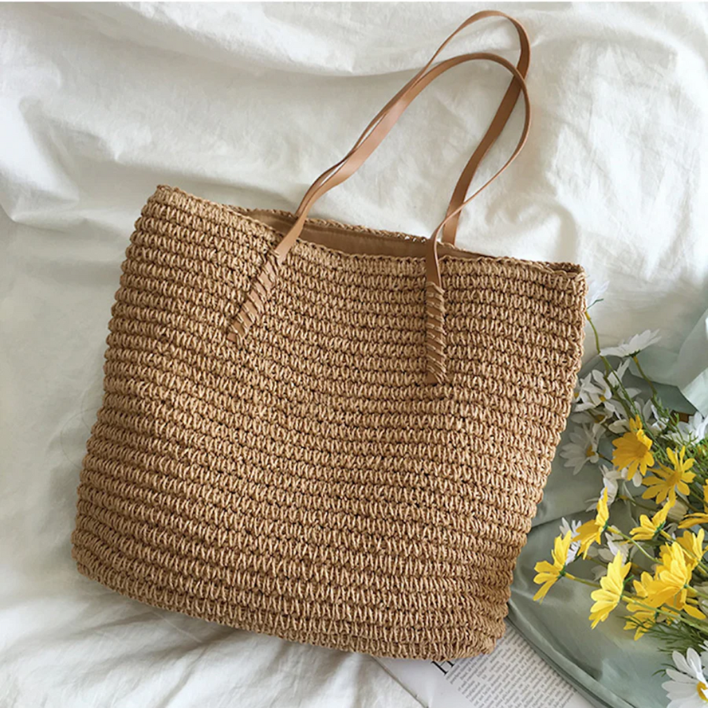 Women's Woven Straw Shoulder Bag with Top Handle