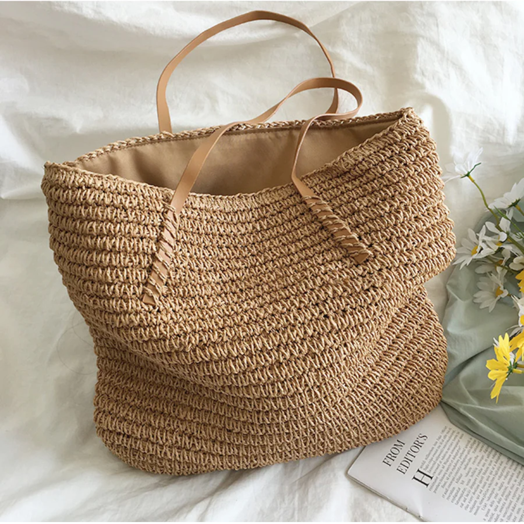 Women's Woven Straw Shoulder Bag with Top Handle