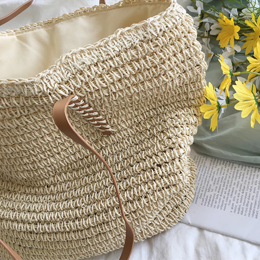 Women's Woven Straw Shoulder Bag with Top Handle