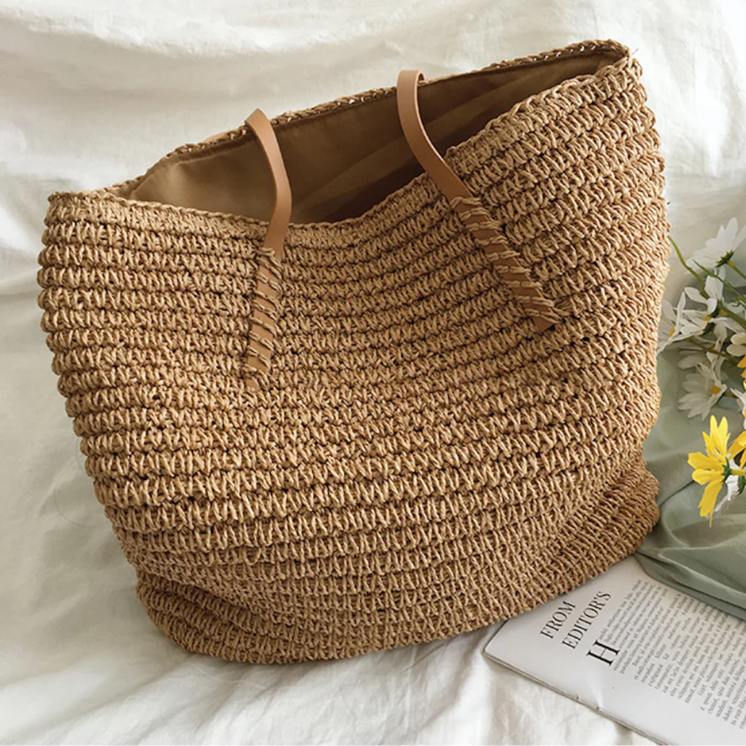 Women's Woven Straw Shoulder Bag with Top Handle