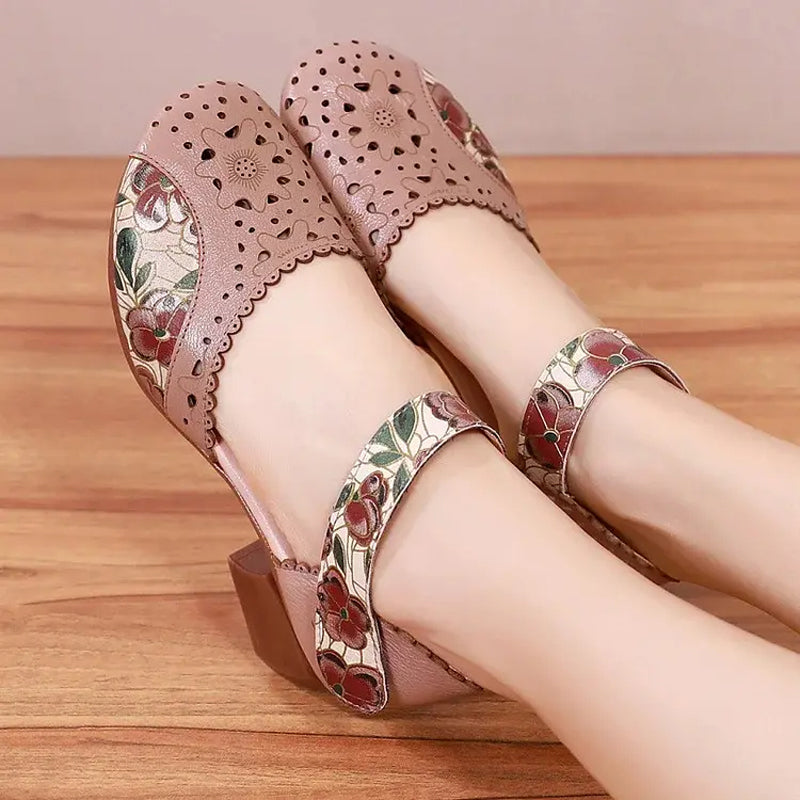 Women's Mary Jane Shoes Block Heel Perforated Strap