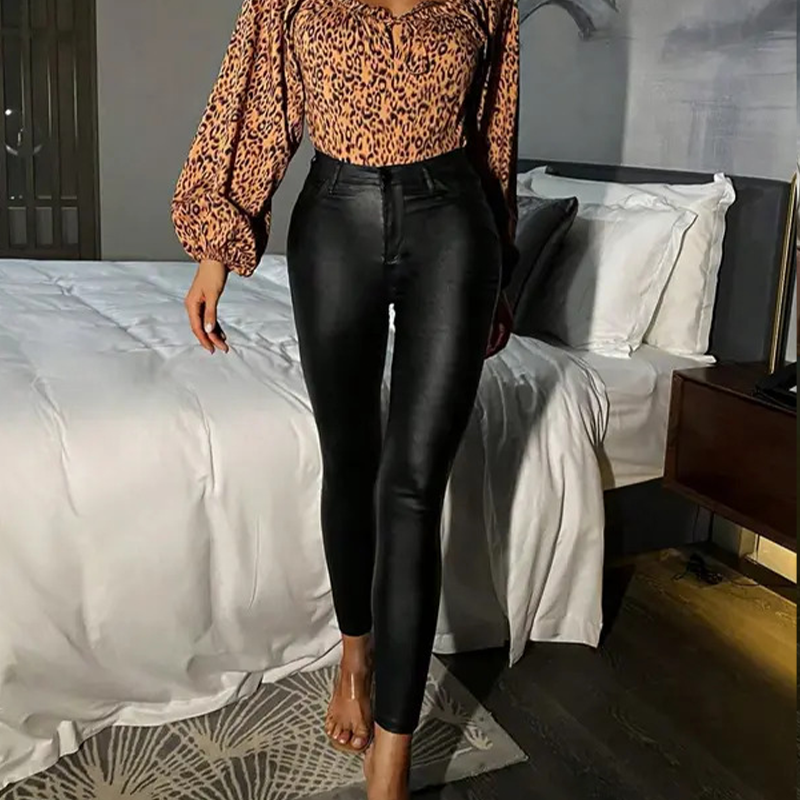 Women's High-Waisted Coated Skinny Trousers Ankle Length