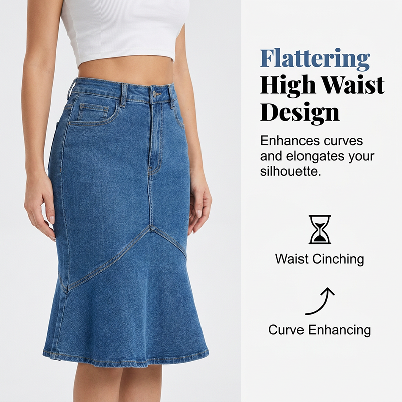 Women's High-Waisted Midi Denim Skirt with Mermaid Hem