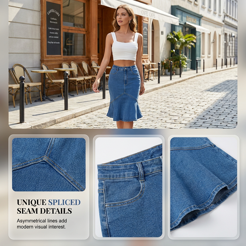 Women's High-Waisted Midi Denim Skirt with Mermaid Hem