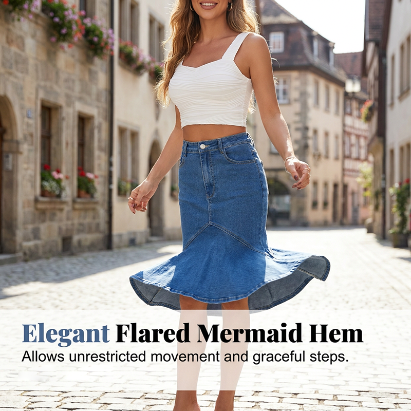 Women's High-Waisted Midi Denim Skirt with Mermaid Hem