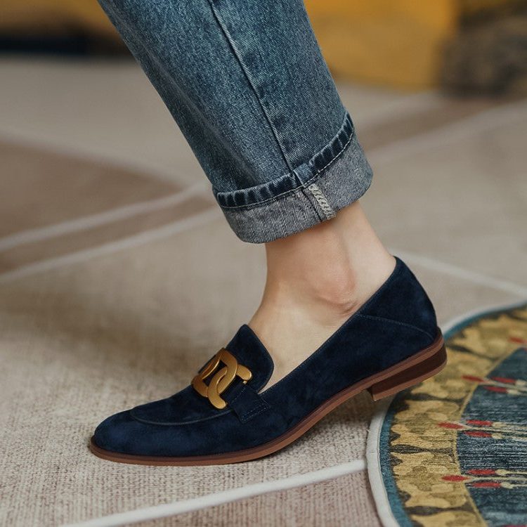 Quintina | Suede Loafers with Square Toe and Chain Detail for Women