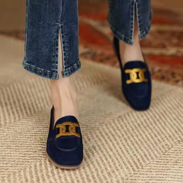 Quintina | Suede Loafers with Square Toe and Chain Detail for Women