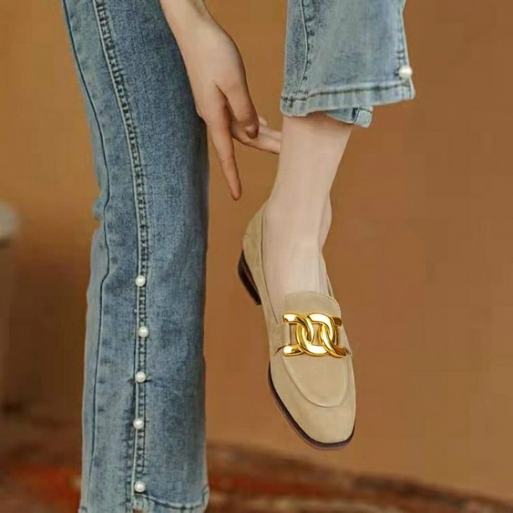 Quintina | Suede Loafers with Square Toe and Chain Detail for Women