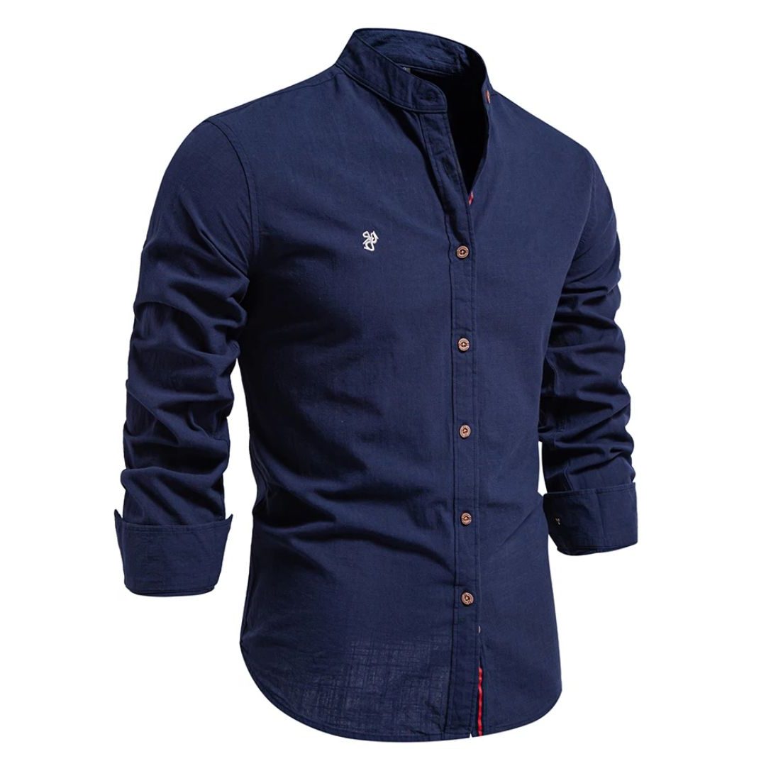 Stand Collar Long Sleeve Button-Down Shirt for Men