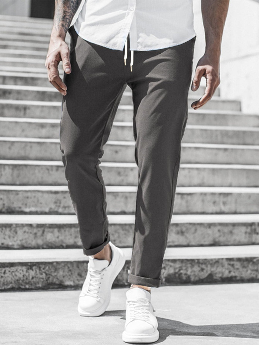 Straight Leg Chino Trousers with Drawstring for Men
