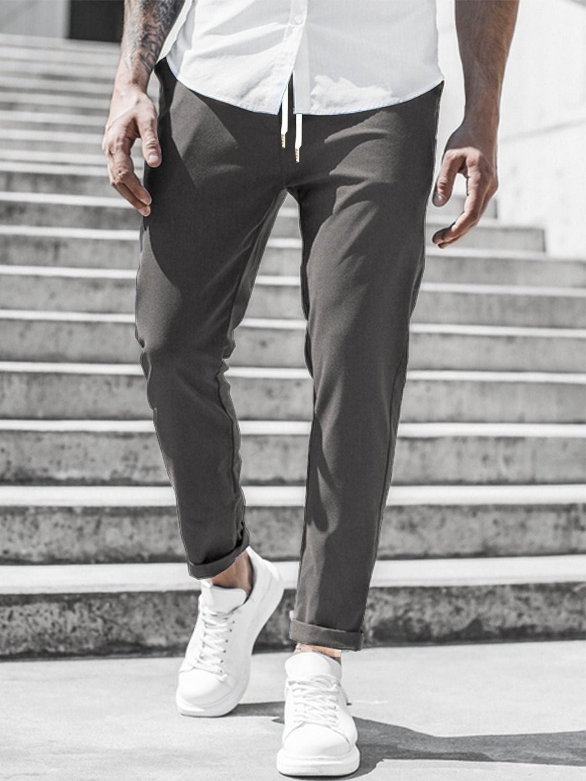 Straight Leg Chino Trousers with Drawstring for Men