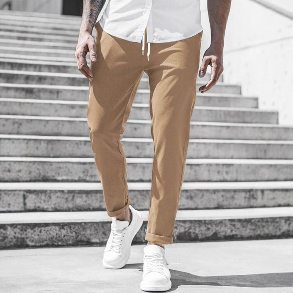 Straight Leg Chino Trousers with Drawstring for Men