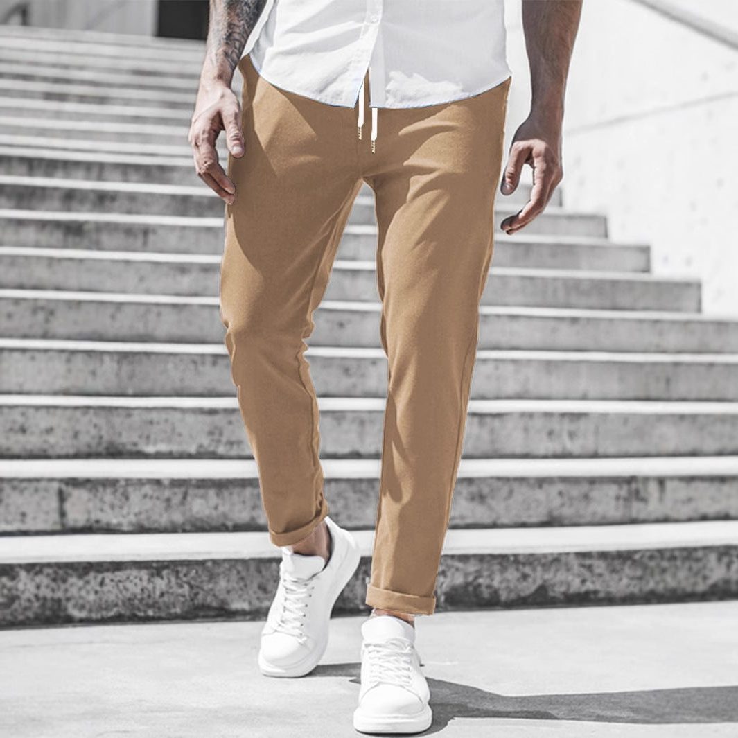 Straight Leg Chino Trousers with Drawstring for Men