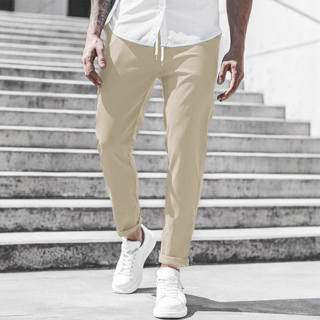 Straight Leg Chino Trousers with Drawstring for Men