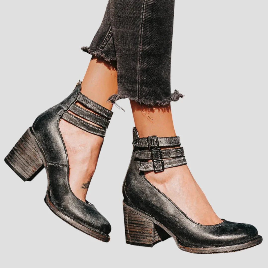 Women's faux leather buckle ankle boots with triple straps