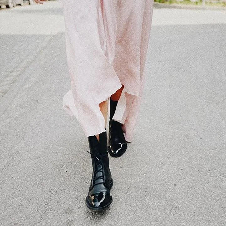 Women's faux leather lace-up knee high boots with two-tone toe cap