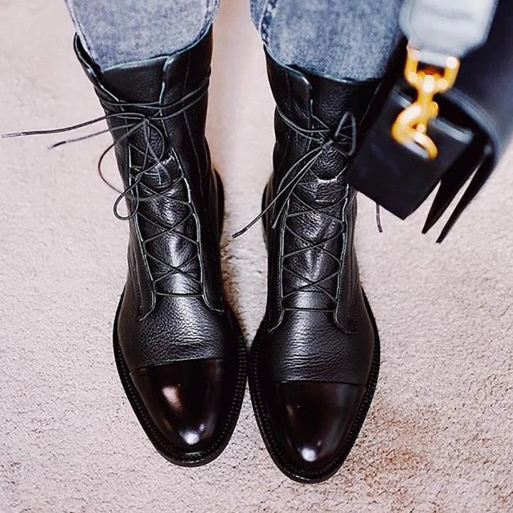 Women's faux leather lace-up knee high boots with two-tone toe cap