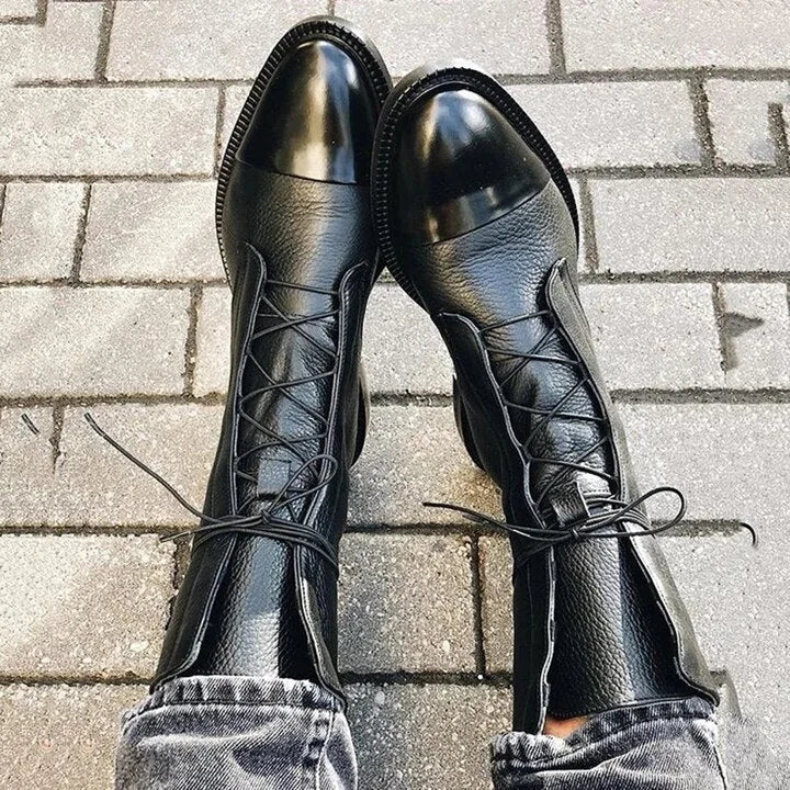 Women's faux leather lace-up knee high boots with two-tone toe cap