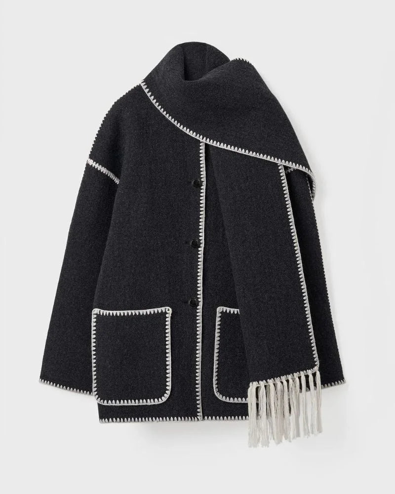 Women's wool button-front stand collar jacket with contrast piping